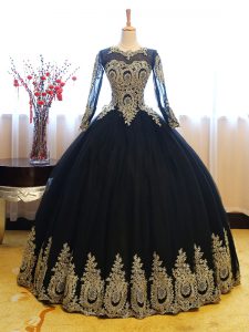 Luxury Floor Length Ball Gowns Long Sleeves Navy Blue Sweet 16 Dresses Lace Up