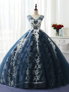 Stunning Navy Blue Quinceanera Dress Sweet 16 and Quinceanera with Ruffles and Pattern Scoop Sleeveless Lace Up