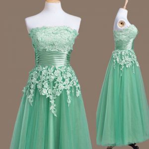 Nice Appliques Court Dresses for Sweet 16 Turquoise Lace Up Sleeveless Tea Length