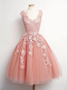 Peach V-neck Lace Up Lace Quinceanera Court of Honor Dress Sleeveless