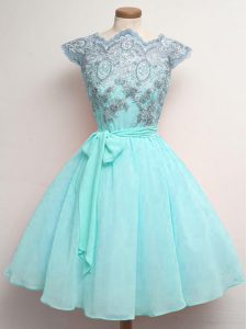 Graceful Aqua Blue Quinceanera Court Dresses Prom and Party and Wedding Party with Lace and Belt Scalloped Cap Sleeves Lace Up