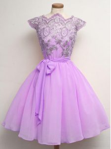 Enchanting Chiffon Scalloped Cap Sleeves Lace Up Lace and Belt Vestidos de Damas in Lilac