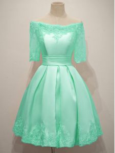Simple Turquoise A-line Taffeta Off The Shoulder Half Sleeves Lace Knee Length Lace Up Quinceanera Court Dresses
