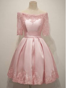 Pink Lace Up V-neck Lace Dama Dress for Quinceanera Taffeta Half Sleeves