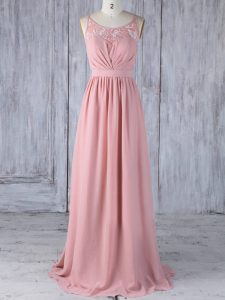Sleeveless Chiffon Floor Length Criss Cross Quinceanera Dama Dress in Pink with Appliques