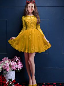 Gold Lace Up Dama Dress for Quinceanera Beading and Lace and Appliques 3 4 Length Sleeve Mini Length