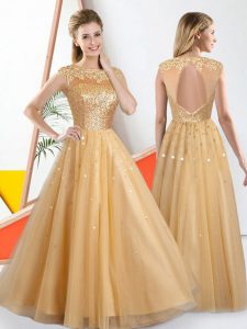 Floor Length Backless Quinceanera Court of Honor Dress Champagne for Prom and Party with Beading and Lace