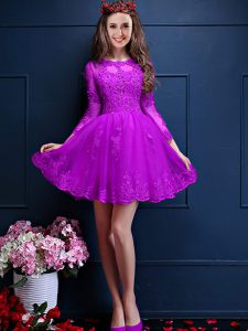Eggplant Purple 3 4 Length Sleeve Beading and Lace and Appliques Mini Length Quinceanera Court Dresses