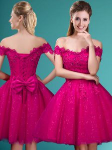 Wonderful Fuchsia Tulle Lace Up Quinceanera Dama Dress Cap Sleeves Knee Length Lace and Belt