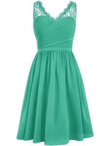 V-neck Sleeveless Court Dresses for Sweet 16 Knee Length Lace and Ruching Green Chiffon