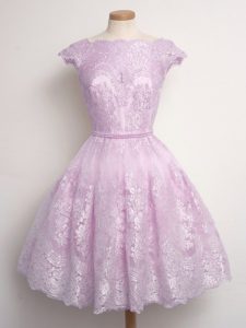 Cap Sleeves Knee Length Lace Lace Up Dama Dress with Lilac