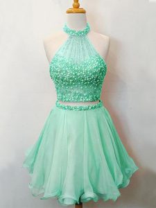Two Pieces Damas Dress Apple Green Halter Top Organza Sleeveless Knee Length Lace Up