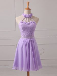 Lavender A-line Lace and Appliques Quinceanera Court Dresses Lace Up Chiffon Sleeveless Mini Length