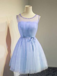 Dramatic Lavender Sleeveless Knee Length Belt Lace Up Dama Dress for Quinceanera