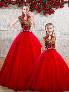 Elegant Red Sleeveless Floor Length Appliques Lace Up Quinceanera Gowns