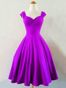 Knee Length Lace Up Vestidos de Damas Eggplant Purple for Prom and Party and Wedding Party with Ruching