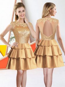 Custom Made Taffeta Bateau Sleeveless Backless Beading and Lace Vestidos de Damas in Gold
