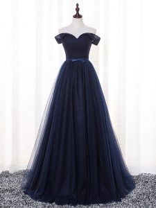 Comfortable Navy Blue Off The Shoulder Lace Up Belt Quinceanera Dama Dress Sleeveless