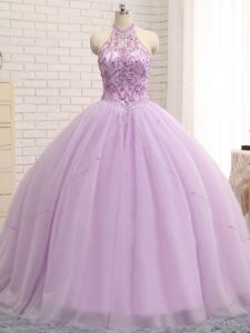 Halter Top Sleeveless Ball Gown Prom Dress Brush Train Beading Lilac Tulle