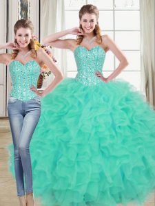 Cheap Two Pieces Sleeveless Turquoise Ball Gown Prom Dress Brush Train Lace Up