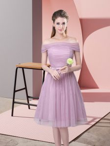 Modest Lavender Tulle Side Zipper Court Dresses for Sweet 16 Sleeveless Knee Length Ruching and Belt