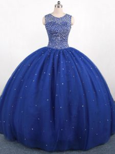 Wonderful Royal Blue Ball Gowns Scoop Sleeveless Tulle Floor Length Zipper Beading 15 Quinceanera Dress