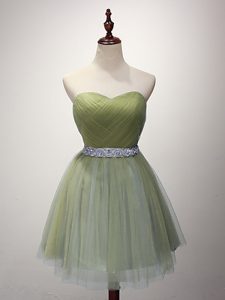 Olive Green Sleeveless Beading and Ruching Mini Length Quinceanera Court Dresses