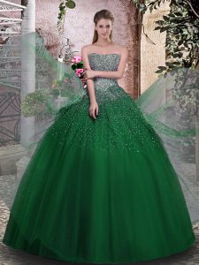 Custom Fit Dark Green Ball Gowns Tulle Strapless Sleeveless Beading Floor Length Lace Up Quinceanera Dress