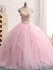 Baby Pink Sleeveless Tulle Brush Train Lace Up 15 Quinceanera Dress for Military Ball and Sweet 16 and Quinceanera