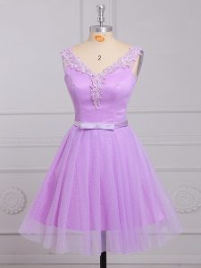 Most Popular Lace V-neck Sleeveless Lace Up Appliques and Belt Vestidos de Damas in Lilac