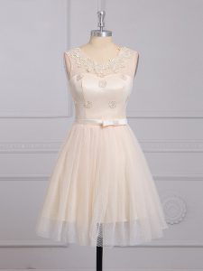 Luxurious Champagne Vestidos de Damas Prom and Party and Wedding Party with Appliques and Belt Scoop Sleeveless Lace Up