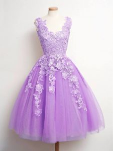 Sleeveless Tulle Knee Length Lace Up Court Dresses for Sweet 16 in Lavender with Lace