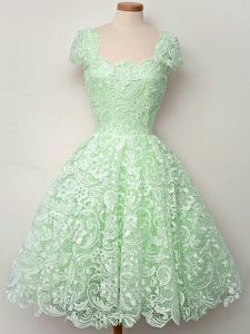 Glittering Apple Green Lace Lace Up Quinceanera Dama Dress Cap Sleeves Knee Length Lace