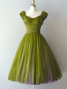 Olive Green A-line Chiffon V-neck Cap Sleeves Ruching Knee Length Lace Up Damas Dress
