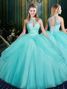Dramatic Aqua Blue Ball Gowns Halter Top Sleeveless Tulle Floor Length Lace Up Beading and Pick Ups Sweet 16 Quinceanera Dress