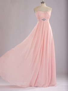Baby Pink Zipper Dama Dress Beading and Ruching Sleeveless Floor Length