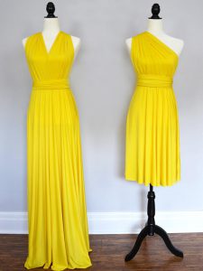 Stylish Floor Length Yellow Quinceanera Dama Dress Halter Top Sleeveless Lace Up