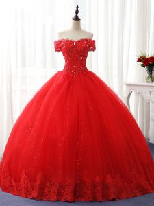 Glorious Red Lace Up Off The Shoulder Beading and Ruffles Sweet 16 Dresses Tulle Sleeveless