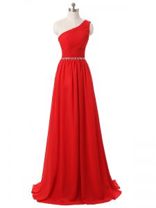 Edgy Red Sleeveless Floor Length Beading and Ruching Side Zipper Dama Dress