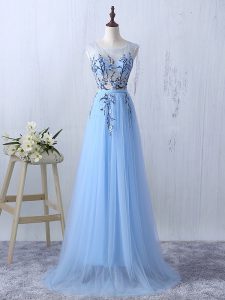 Smart Floor Length Light Blue Quinceanera Court of Honor Dress Tulle Sleeveless Appliques