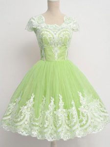 Fantastic Yellow Green Quinceanera Court of Honor Dress Prom and Party and Wedding Party with Lace Square Cap Sleeves Zipper