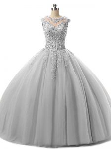 Discount Scoop Sleeveless Tulle Quince Ball Gowns Beading and Lace Lace Up