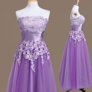 Sleeveless Tea Length Appliques Lace Up Damas Dress with Lavender