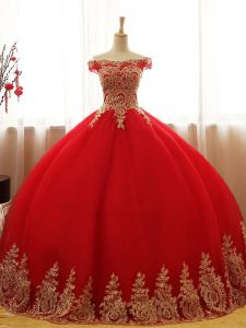 Off The Shoulder Sleeveless Tulle 15 Quinceanera Dress Appliques Lace Up