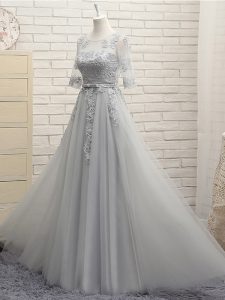 Scoop Half Sleeves Lace Up Quinceanera Dama Dress Grey Tulle