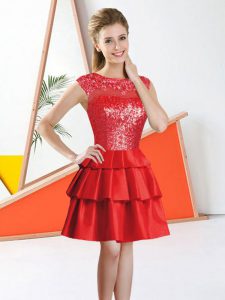 Pretty Red A-line Bateau Sleeveless Tulle Knee Length Backless Beading and Lace Quinceanera Dama Dress