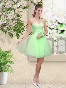 Sleeveless Lace Up Knee Length Lace and Belt Dama Dress for Quinceanera