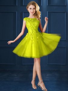 Tulle Bateau Cap Sleeves Lace Up Lace and Appliques Quinceanera Court Dresses in Yellow