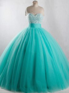 Turquoise Tulle Lace Up Strapless Sleeveless Floor Length 15 Quinceanera Dress Beading