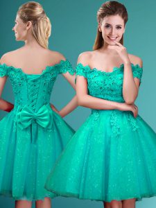 Turquoise Lace Up Off The Shoulder Lace and Belt Dama Dress for Quinceanera Tulle Cap Sleeves